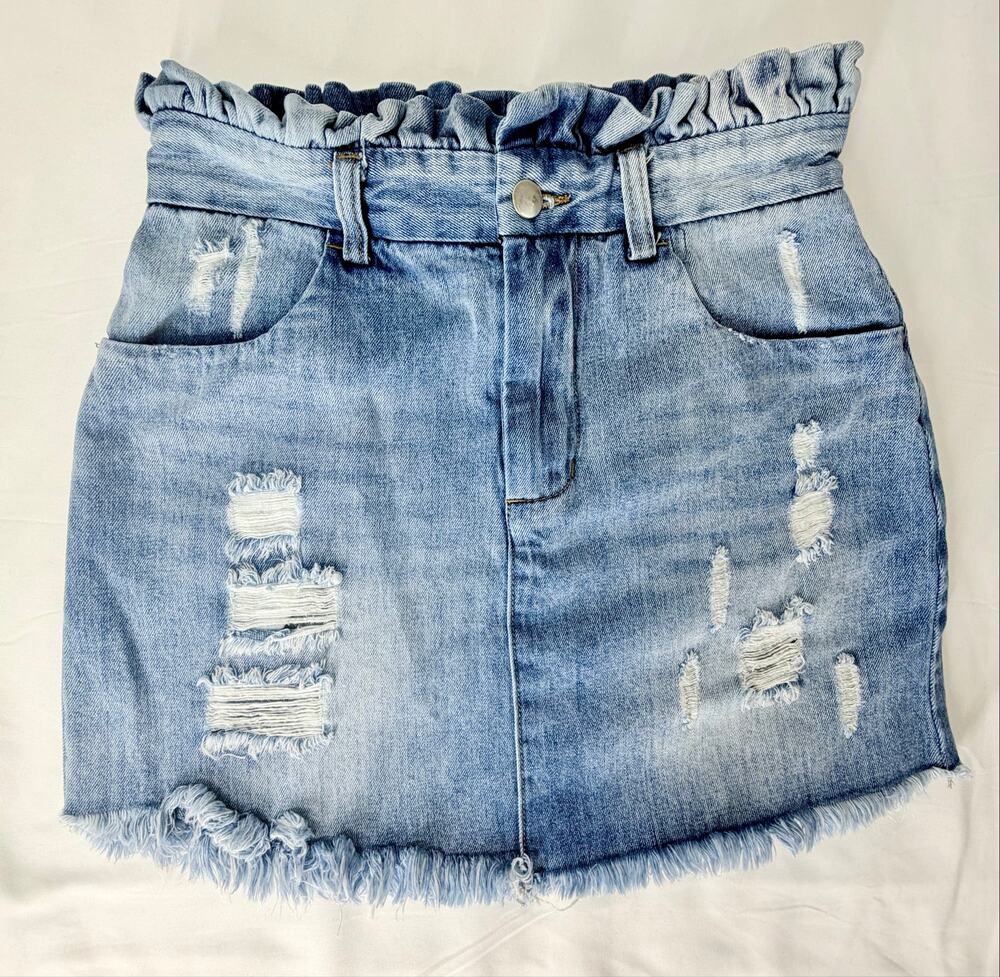 Hayden Los Angeles Paperbag Waist Distressed Denim Mini Skirt Small Blue